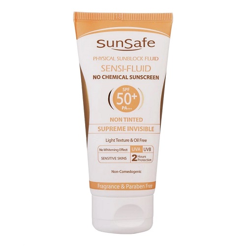 خرید فلوئید ضد آفتاب فیزیکال SPF50 برند سان سیف مناسب پوست حساس