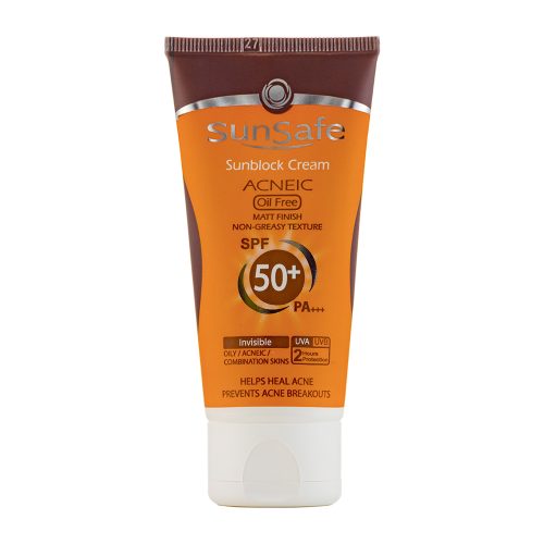 فروشگاه اینترنتی لیدیران پخش محصولات برند سان سیف | خرید و قیمت کرم ضد آفتاب بی رنگ SPF50 برند سان سیف مناسب پوست چرب و آکنه‌دار