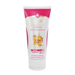 کرم ضد آفتاب و ضد چروک SPF50 انواع پوست سان سیف بژ روشن 