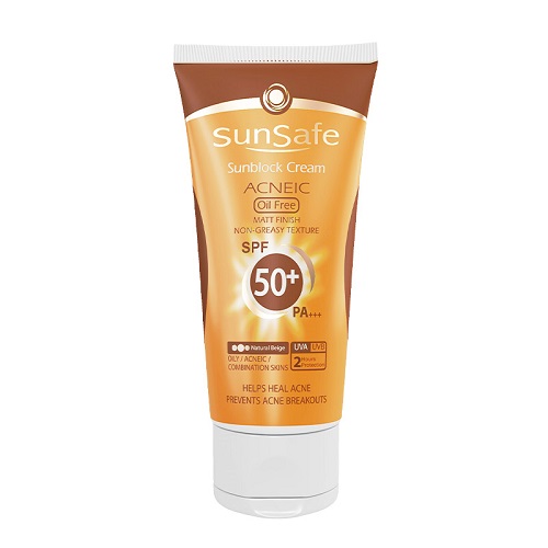 قیمت کرم ضد آفتاب SPF50 برند سان سیف مناسب پوست چرب و آکنه‌دار رنگ بژ طبیعی
